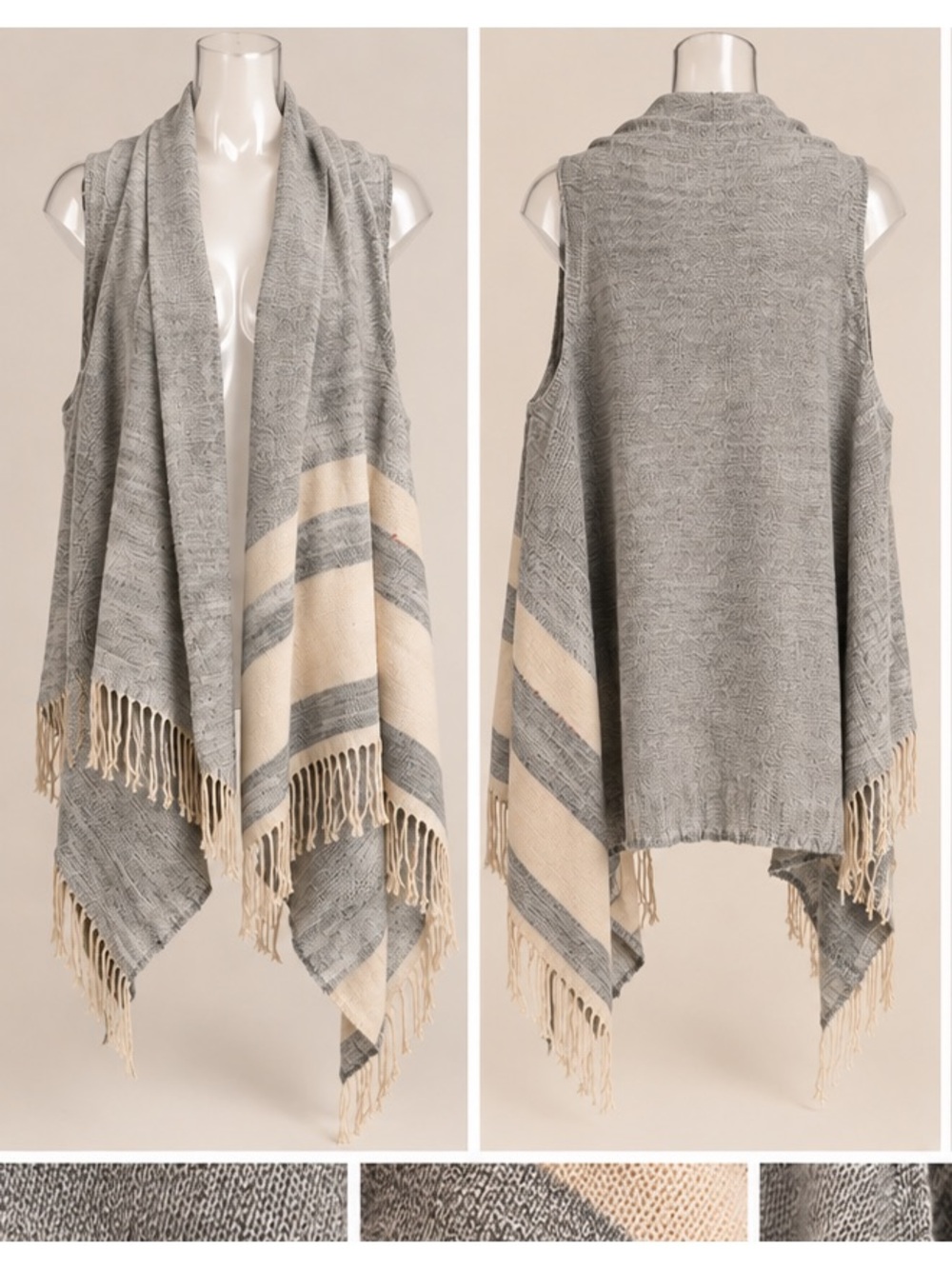 Women's Gray & Cream Fringe Open-Front Sweater Vest